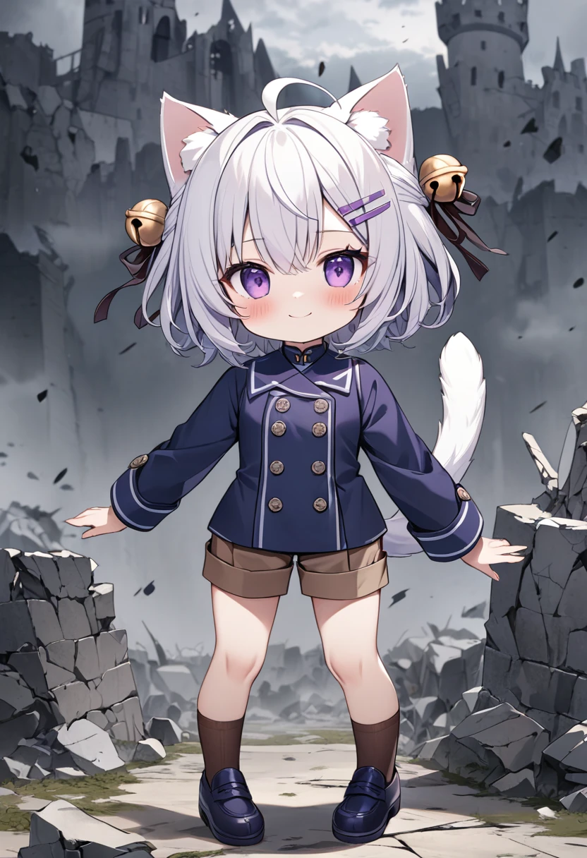 master piece, best quality, ultra-detailed, illustration, 1girl, solo, chibi, (big head), cute pose, front view, looking at viewer, ((full body Close up)), Filiansailor, (purple hairclip:1.5), (hair bell:1.5), white hair, short hair, cat ears, ahoge, purple eyes, blush, smiling, fluffy tail, ((dark blue 6buttons peacoat)), long sleeves, brown knee length shorts, brown knee socks, (dark blue shoes) , battlefield background, gloomy atmosphere, broken castle, broken walls, broken windows