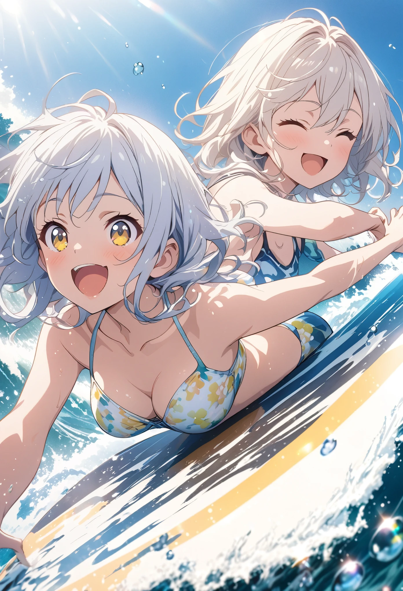 ((Two Girls)), Riding a surfboard, ((Surfing on a big wave)), masterpiece, Highest quality, Highly detailed CG Unity 8K wallpapers, High School Girl Anime Illustration. Please wear a cute bikini swimsuit.., Piece Pose, She closes her eyes and opens her mouth wide, smile. white hair color, Yellow Eyes, Bokeh, Spotlight Light, In the background is a large outdoor pool with sunlight streaming in.., pastel blue sky, splash, Water Drop, Bokeh photo, (Soft Focus): 1.2, Out of focus highlights, Dreamy atmosphere, Fascinating Depth
