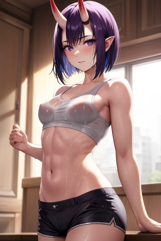 masterpiece,best quality,high resolution,8k,ultra HD,wallpaper,illustration,perfect face,cowboy shot,beautiful detailed eyes,extremely detailed face,perfect lighting,extremely detailed CG,perfect hands,perfect anatomy,perfect body,perfect hands,perfect fingers,1woman,full body,megami magazine,(muscle fighter:1.1),purple bob hair,purple eyes,large ,Medium ass,med nipples,whe top,black short hot pants,clothed,,collarbone,,looking at viewer,sexy look pose,Sm,Wet,sweat,home,forehead two demon horn ears,perfect demon horn
