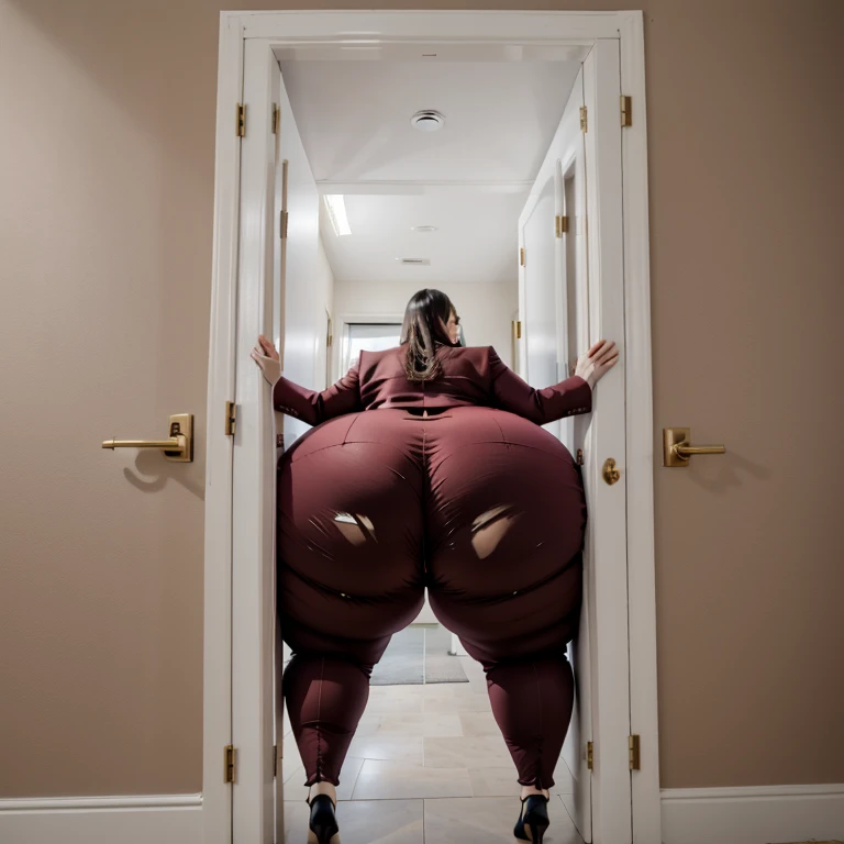 masterpiece, 1girl tall, fat, bottom heavy ssbbw british, 30 year old, behind a doorway, from behind, (doorstuck, stuckback:1.3), big belly, huge wide hips, massive butt, thick thighs, colorful clothing, wearing a red suit and tie and formal pants, upset, she tries to wiggle her big body through the door, but the door is too small and she is stuck tight, she kicks and swings her legs back and forth in a panic, she is way too big and round to fit through,, she looks behind at the viewer politely asking for some help as she tries to pull herself out with all her might, she swings her hips desperately