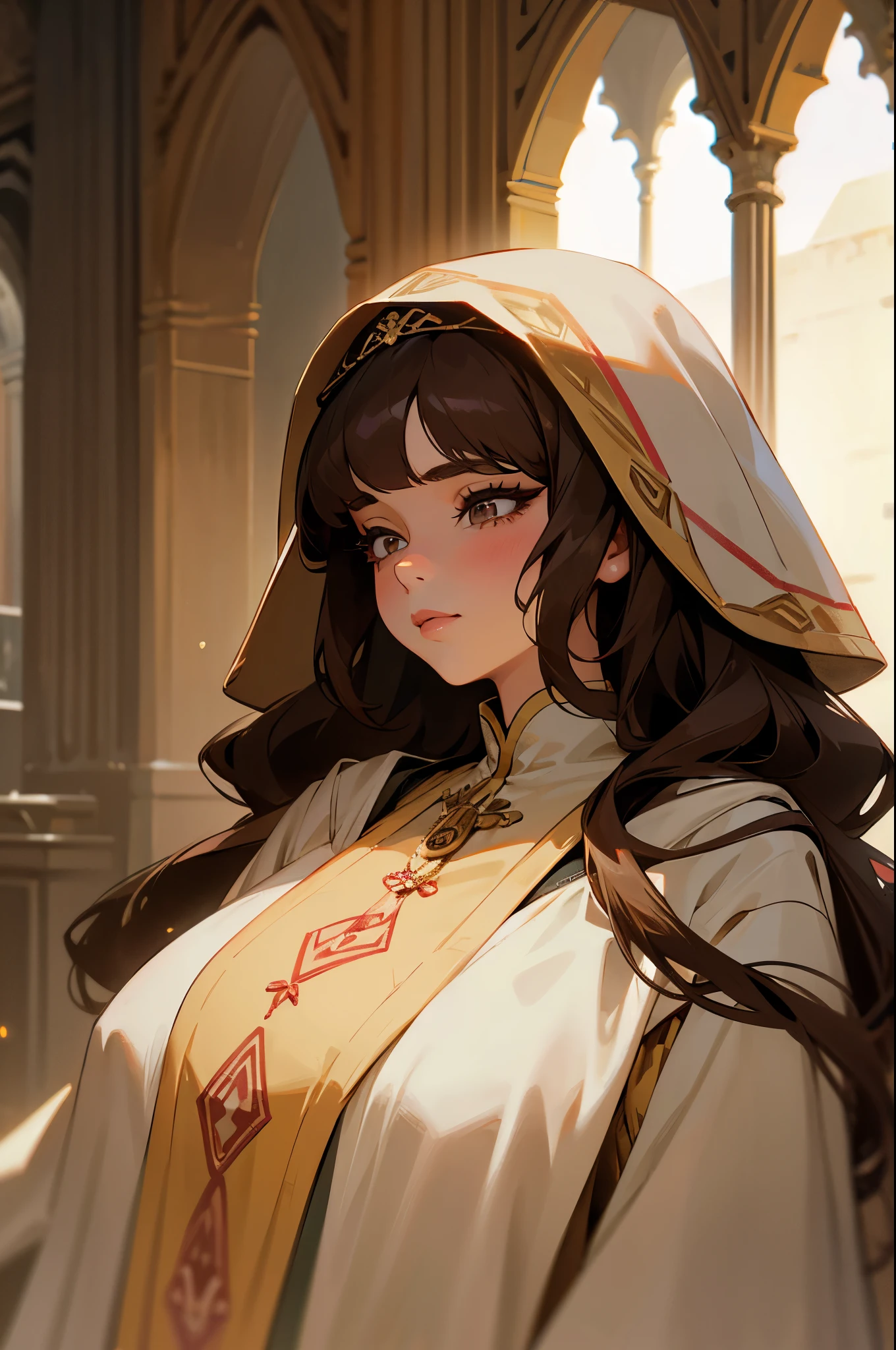 An older woman, skin fair, long brown hair with bangs, big eyelashes, medieval gown, a woman who is respected