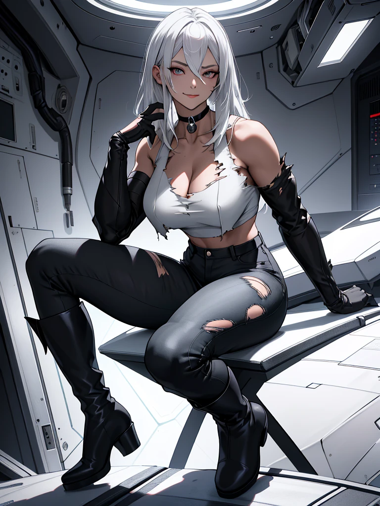 masterpiece, best quality, highres, highly detailed,  ((sexy fit waifu:1.3)), plump medium breasts, pale skinned girl, eye-shadow, blacked-out eyes, long straight silvery white hair, (black choker), (formfitted high cut croptop), (torn form-fitting pants), (thigh squeezing boots), she's sitting in a spaceship bedroom. With an evil smirk on her pretty face.