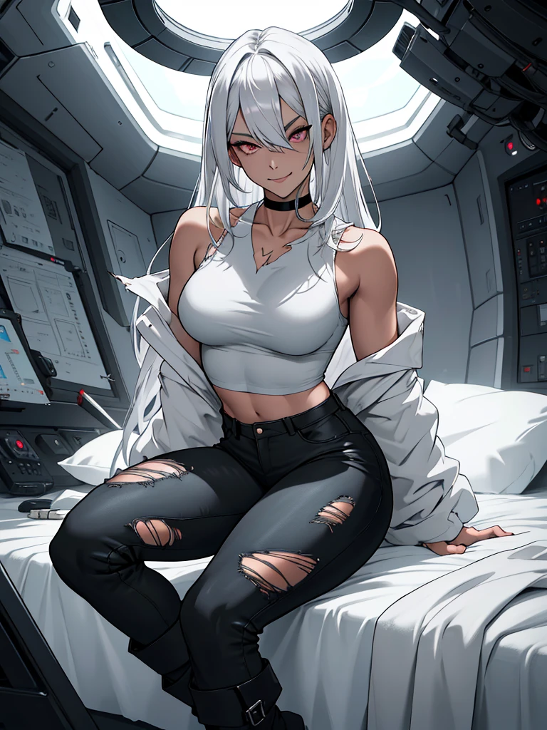 masterpiece, best quality, highres, highly detailed,  ((sexy fit waifu:1.3)), plump medium breasts, pale skinned girl, eye-shadow, blacked-out eyes, long straight silvery white hair, (black choker), (formfitted high cut croptop), (torn form-fitting pants), (thigh squeezing boots), she's sitting in a spaceship bedroom. With an evil smirk on her pretty face.