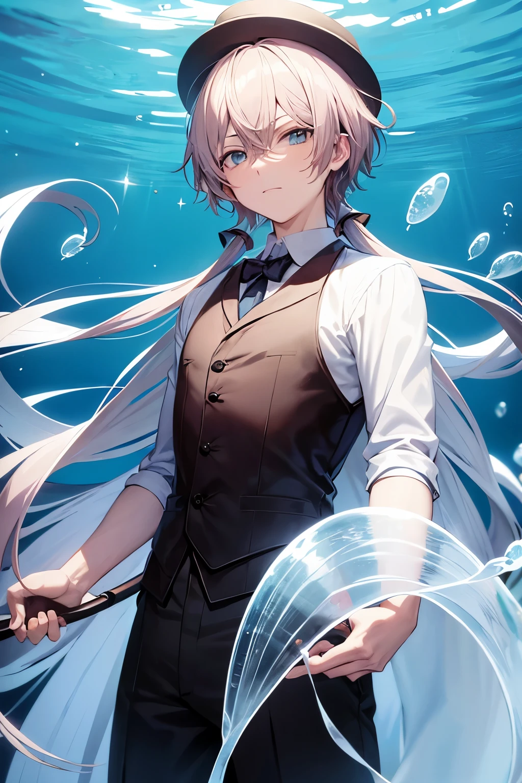 generates an anime style drawing of a man holding a jellyfish looking at the camera