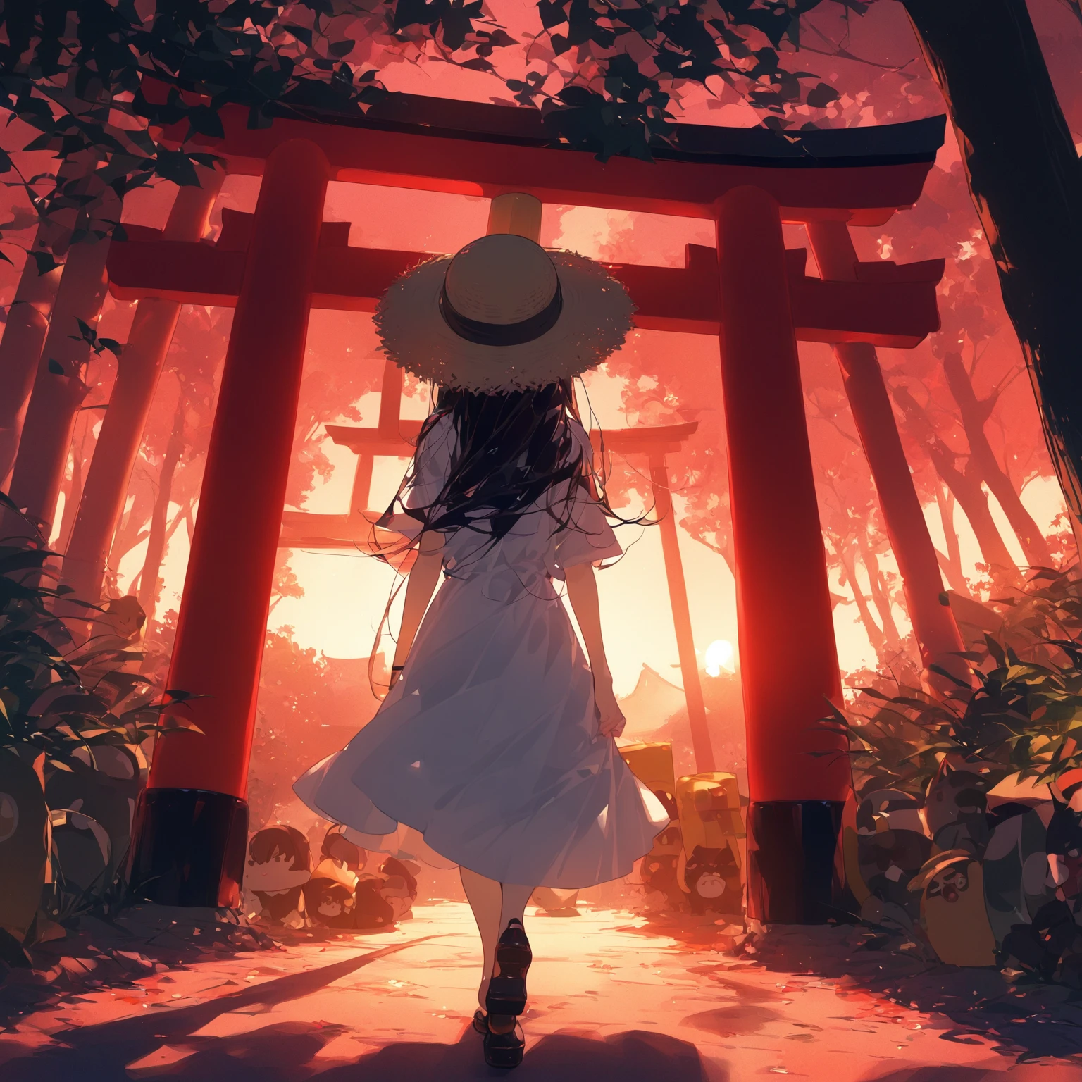  score_9, score_8_up, score_7_up, score_6_up, score_5_up, score_4_up, masterpiece, best quality, source_anime,2D、flat、1girl, black hair,long hair、hair is frizzy　straw hat、****、white dress、red sky、 japanese forest、turn around、Torii, summer、backlighting、shadow、upskirt、dusk、deep shadows:1.2