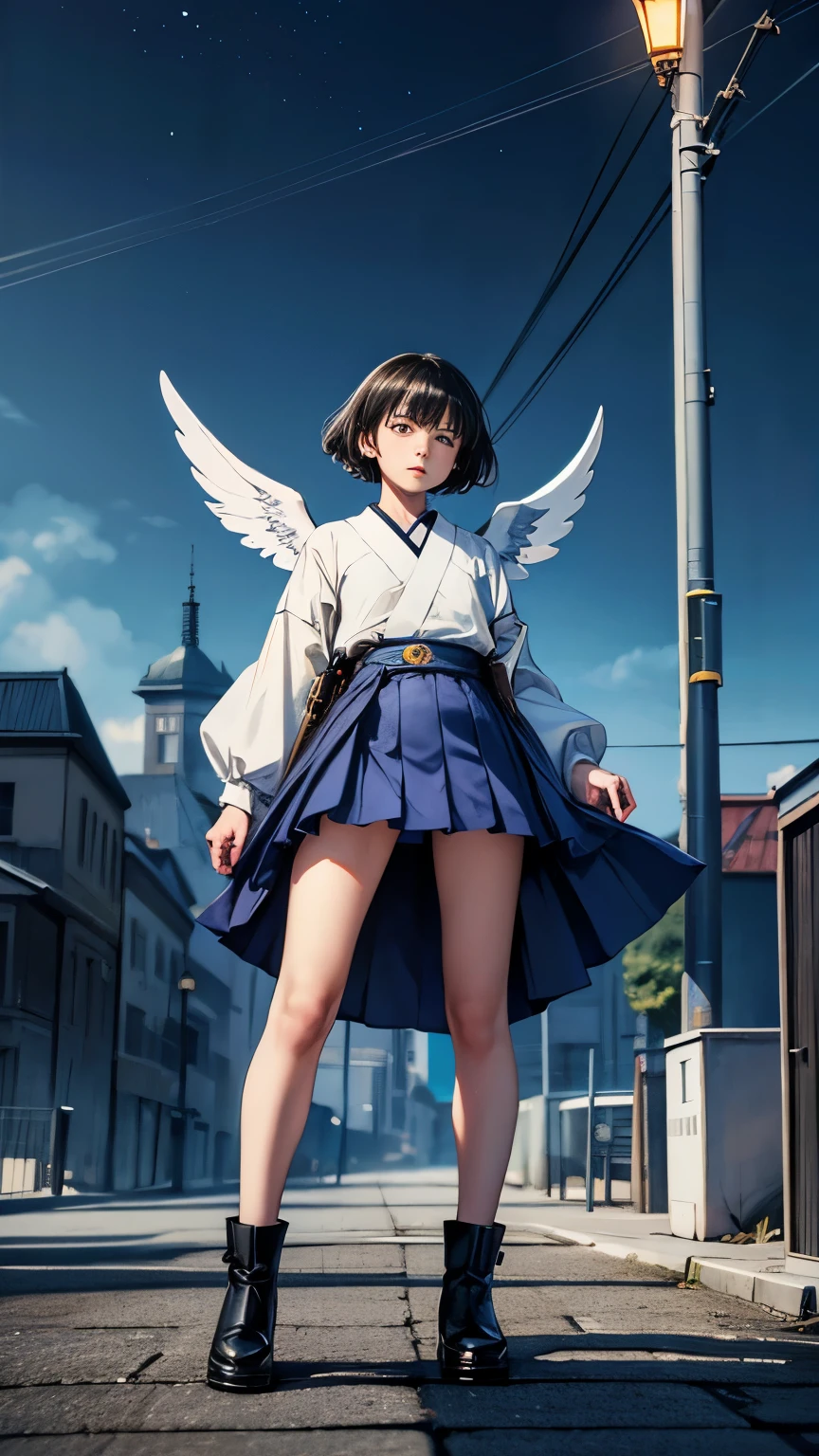 Józef Wilkoń, Franciszka Themerson, Jan Marcin Szancer, Olga Siemaszko, Katsuhiro Otomo, Akio Watanabe, Surrealism, wonder, strange, fantastical, fantasy, Sci-fi, Japanese anime, mini-skirt beautiful fallen angel standing in the street light, perfect voluminous body, conversation with me the lightbulb changer, detailed masterpiece low high angles perspectives cinematic lighting Hyper realistic sharp focus 