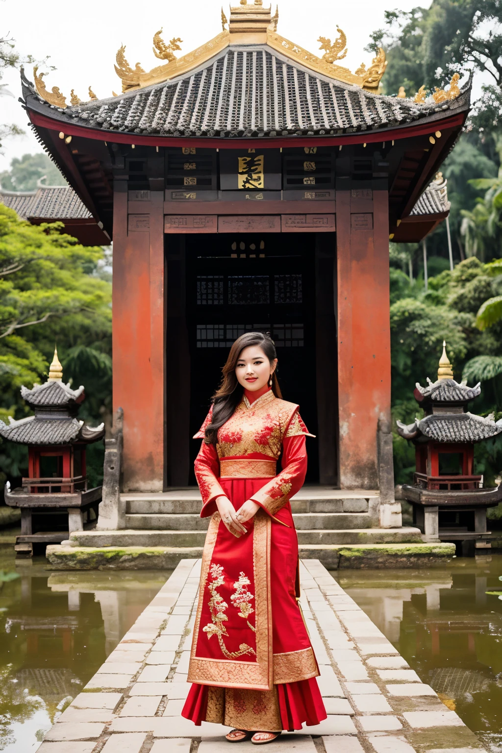 A female model with long hair is wearing a red brocade áo dài. The surrounding scenery includes a lotus pond and a temple gate.