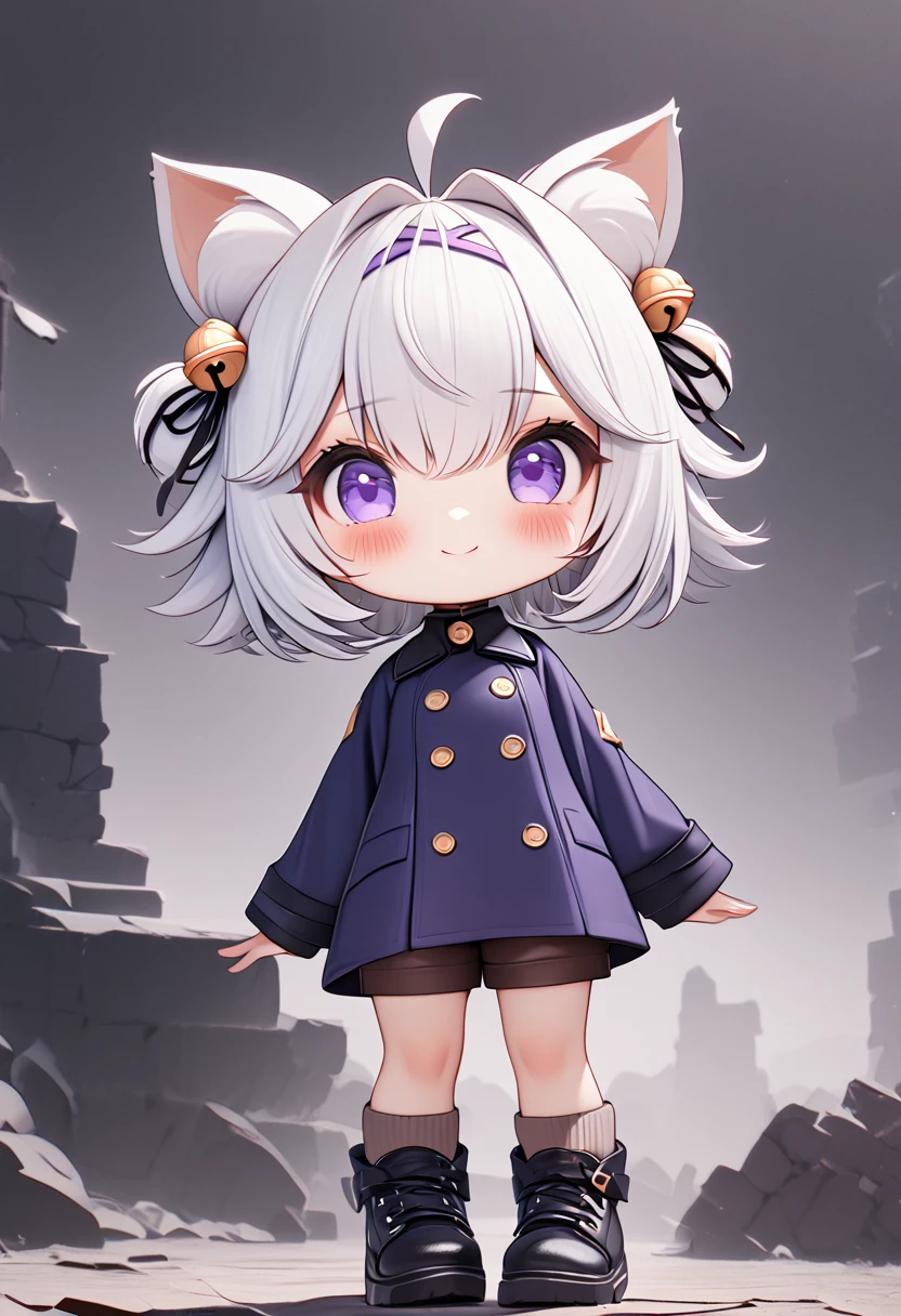 master piece, best quality, ultra-detailed, illustration, 1girl, solo, chibi, (big head), cute pose, front view, looking at viewer, ((full body Close up)), Filiansailor, (purple hairclip:1.5), (hair bell:1.5), white hair, short hair, cat ears, ahoge, purple eyes, blush, smiling, fluffy tail, ((dark blue 6buttons peacoat)), long sleeves, brown knee length shorts, brown knee socks, (dark blue shoes) , battlefield background, gloomy atmosphere, broken castle, broken walls, broken windows