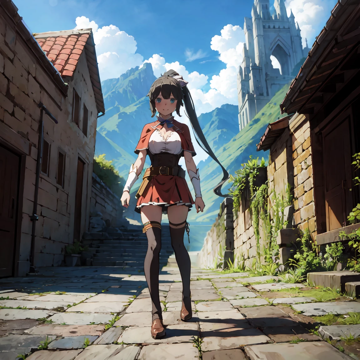 highly detailed, full body, ((1girl)), solo, smile, blush, outdoors, day, simple background, blue sky, sky, temple, looking at viewer, stairs, mountain, moody lighting, facing viewer, full body view, aamumei, very long hair, ponytail, ahoge, multicolored hair, feather hair ornament, hairclip, white shirt, brown corset, dagger, belt, red skirt, thigh strap, single kneehigh, single thighhighs, brown cloak, cape, capelet, brown bow, ((ponytail)), 