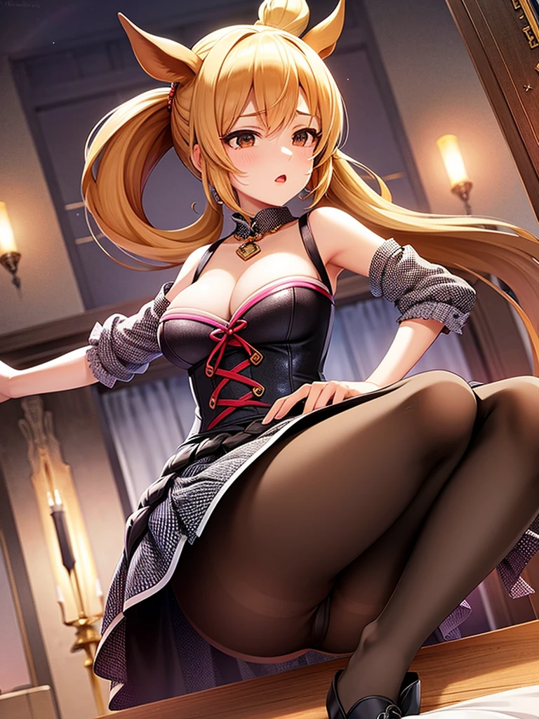 1 solo milf,in fire_emblem:_genealogy_of_the_holy_war style,(umamusume),horse_ears,(horse_tails from top_of_hip:1.4),BREAK,
in heat,orgasm,afterglow,give a big yawn,large breast,
crotch focus,on back,on the bed,
legs up,squatting,M-shaped spread legs,open legs,BREAK,panties under pantyhose,fishnet pantyhose,sexy lace-trimmed lingerie,
humid,wedgie,BREAK,
clothed,cleavage cut out,white idol dress , Plaid skirt, sequins,beautiful cloths with sexy lace,fantasy Beautifully embroidered clothes,