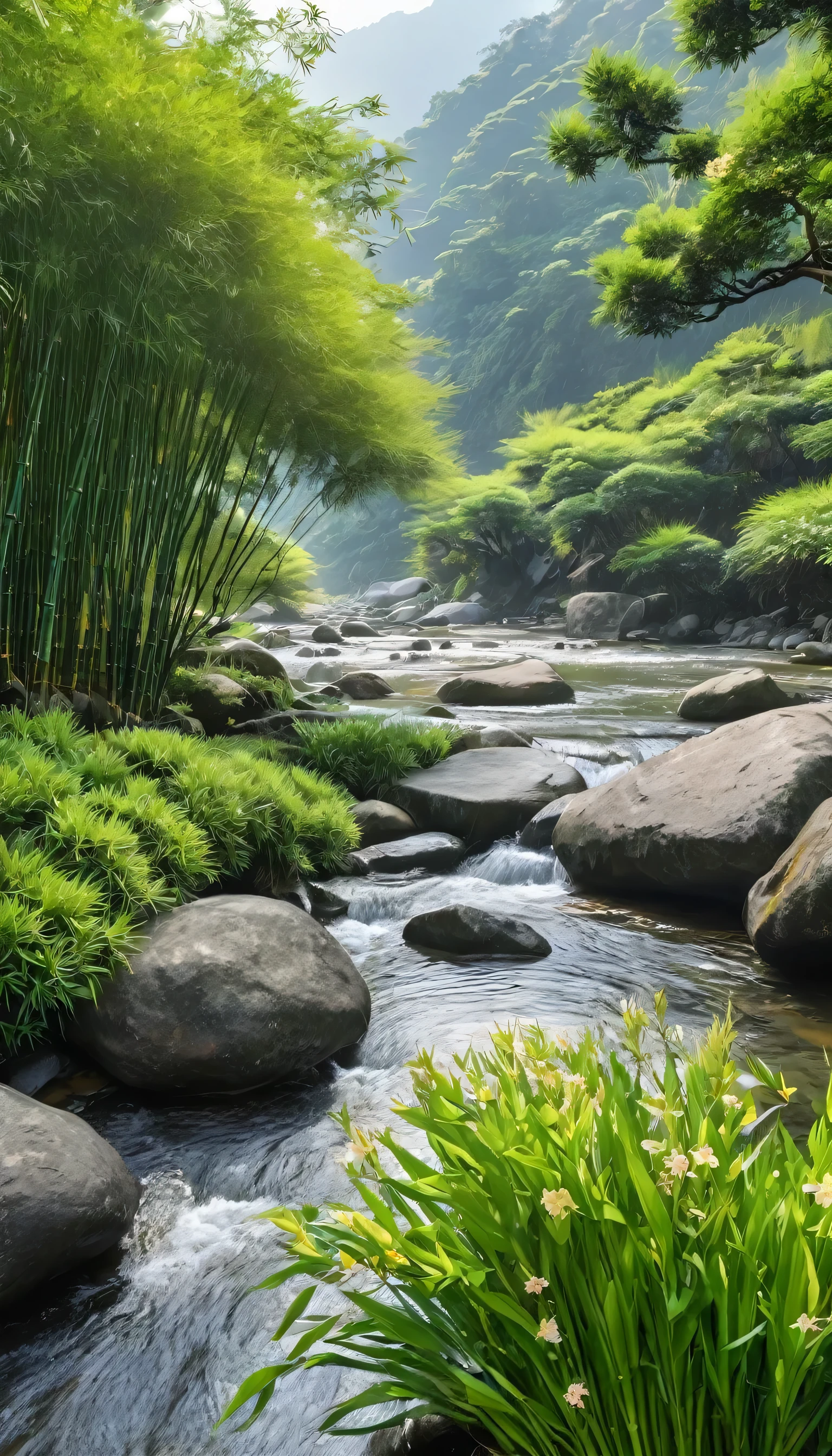 Sthatting on a big rock in the middle of the stream,Distant Mountain々,In the foreground is a tree,Bamboo and flowers along the stream,Calm,Morning sunshine,that'It's foggy,