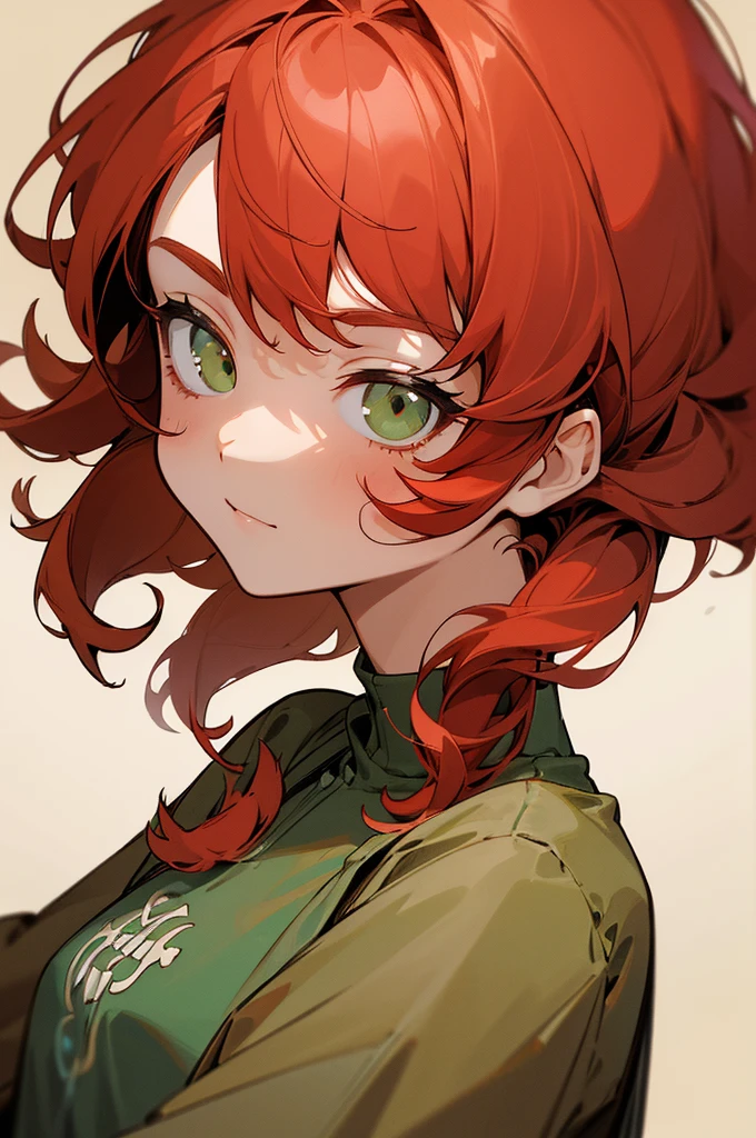 (Excellent quality), (high resolution), (absurd play), ((adult woman)), Red hair, Shaggy hair, curly longhair, ((Clerk)), character looking at the camera, face detailed, ((Mediovale)), ((bang)), (((simple clothing))), (portraite), (small eyes), greeneyes, skin tanned