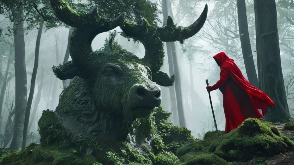 In the heart of a dark medieval forest, a weathered bull statue or sigil stands amid the ancient, towering trees. The statue, carved from dark, moss-covered stone, exudes a sense of timeless strength and mystery. Moonlight filters through the dense canopy above, casting eerie shadows that dance across the bull's form. The forest around it is thick with silence, the air heavy with the scent of damp earth and decaying leaves. Twisted roots and overgrown vegetation partially obscure the base of the statue, hinting at its age and the forgotten purpose it once served.
Standing before the statue is a man cloaked in a red hood, his face obscured by shadows. The crimson fabric contrasts sharply with the dark, foreboding environment, making him an enigmatic figure against the backdrop of the ancient woods. He stands still, as if contemplating the bull's significance or drawing some hidden power from its presence. The atmosphere is thick with tension and mystery, the air filled with the silent whispers of the forest and the unspoken secrets of the past