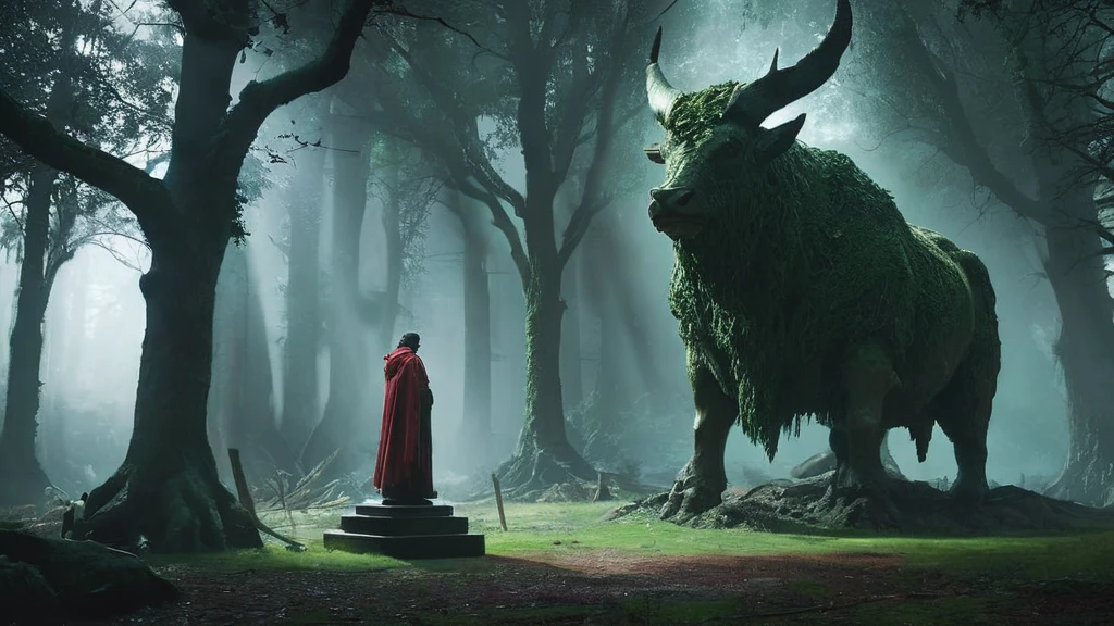In the heart of a dark medieval forest, a weathered bull statue or sigil stands amid the ancient, towering trees. The statue, carved from dark, moss-covered stone, exudes a sense of timeless strength and mystery. Moonlight filters through the dense canopy above, casting eerie shadows that dance across the bull's form. The forest around it is thick with silence, the air heavy with the scent of damp earth and decaying leaves. Twisted roots and overgrown vegetation partially obscure the base of the statue, hinting at its age and the forgotten purpose it once served.
Standing before the statue is a man cloaked in a red hood, his face obscured by shadows. The crimson fabric contrasts sharply with the dark, foreboding environment, making him an enigmatic figure against the backdrop of the ancient woods. He stands still, as if contemplating the bull's significance or drawing some hidden power from its presence. The atmosphere is thick with tension and mystery, the air filled with the silent whispers of the forest and the unspoken secrets of the past