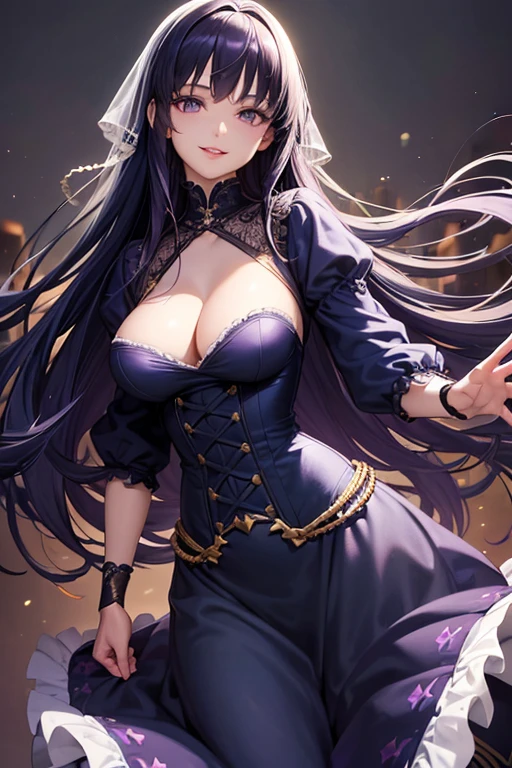 (Absurd, High resolution, Super detailed), masterpiece, Hinata(bolt), ((alone)), One girl,Large Breasts, Long purple Victorian dress, Mouth closed, (((Long Hair))),Are standing, Bodice and skirt patterns, Frilled Skirt, race, Blinking blinking effect, (((Detailed lips))), garden, Pink and yellow flowers, ((Realistic Skin)), Glowing Skin, ((Glossy Red Lips)), Purple eyes, Portraiture, beautiful, smile, (((Dark blue hair))), Bust Crop, Normal skin