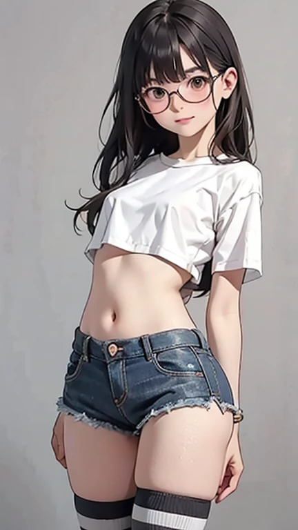 4K, masterpiece, 8K, high quality, 最high quality,10歳のcharming少等生, Very white skin, Brown long hair，A little bit，Low length，freckle，Sparse eyebrows，Straight bangs，(flat chest) ，Feminization, tilt, elegant, elegant, charming, Smile, charming, , belly button, Denim low waist mini skirt, ((Black knee socks)), (Ugly clothes)、((Gray background))(masterpiece, best quality), 1 girl, Small Breasts, Smaller hips, Crop Top, Bikini shorts, bedroom, Striped knee-length socks, ,Breasts with pink nipples,Naked Room，，nude， Glasses,