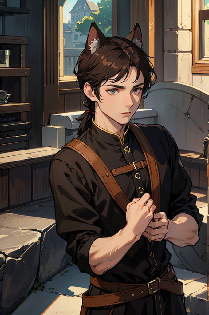 man, male, dark brown hair, grey eyes, dark brown cat ears, dark brown cat tail, fantasy, medieval wear,