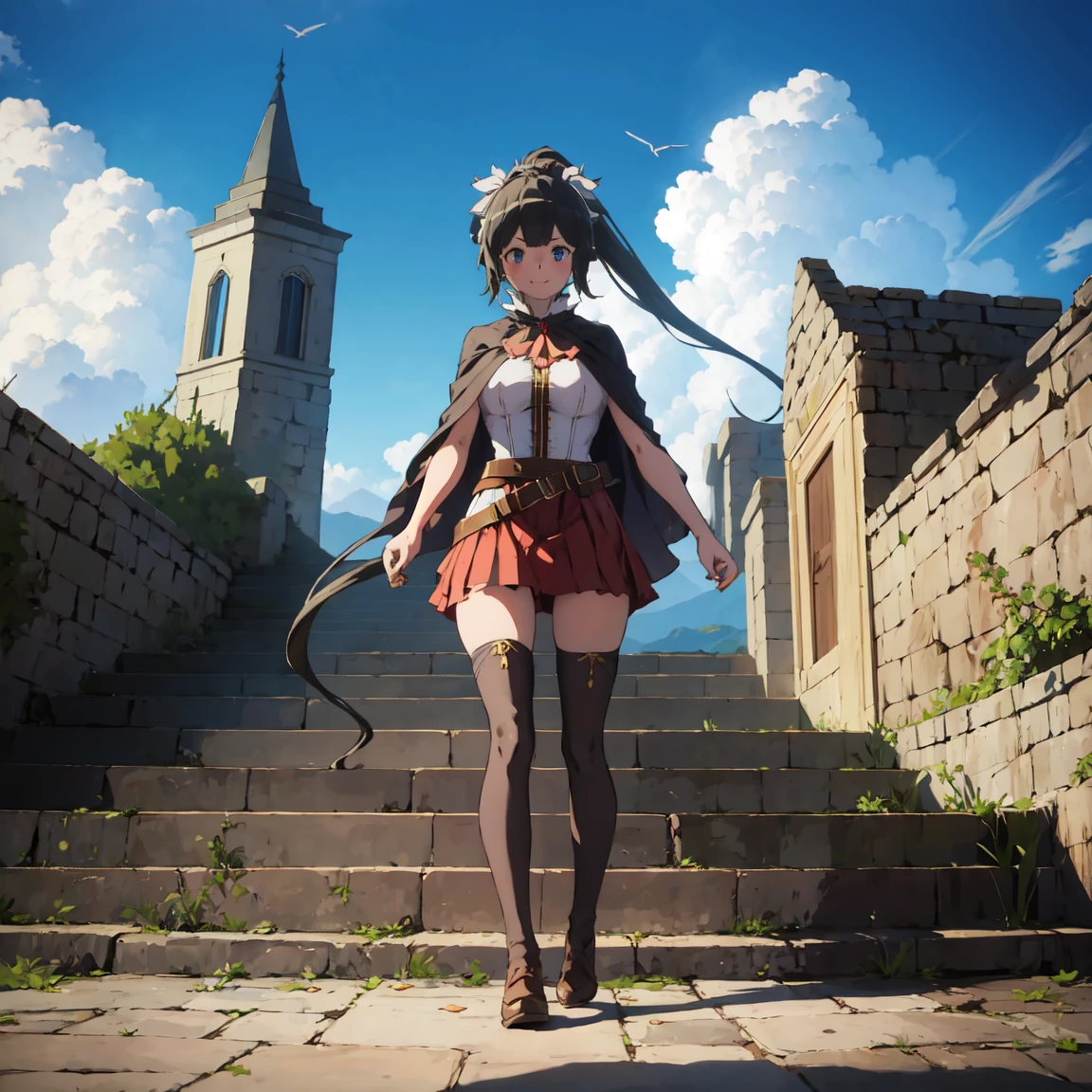 highly detailed, full body, ((1girl)), solo, smile, blush, outdoors, day, simple background, blue sky, sky, temple, looking at viewer, stairs, mountain, moody lighting, facing viewer, full body view, aamumei, (((very long hair, ponytail))), ahoge, multicolored hair, ((feather hair ornament)), hairclip, white shirt, brown corset, dagger, belt, red skirt, thigh strap, single kneehigh, single thighhighs, brown cloak, cape, capelet, brown bow,
