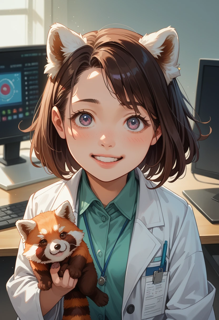 Anime character girl in a lab coat, holding a red panda, kawaii realistic portrait, Artgerm and Atey Gaylan, digital anime illustration, detailed digital anime art, drawn in an anime artist&#39;s studio, charming digital painting, cute detailed digital art, digital anime art, realistic anime style, extremely detailed art germ, scientist Fox