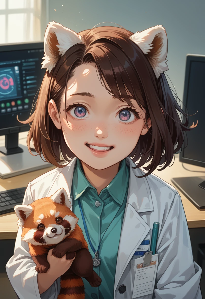 Anime character girl in a lab coat, holding a red panda, kawaii realistic portrait, Artgerm and Atey Gaylan, digital anime illustration, detailed digital anime art, drawn in an anime artist&#39;s studio, charming digital painting, cute detailed digital art, digital anime art, realistic anime style, extremely detailed art germ, scientist Fox