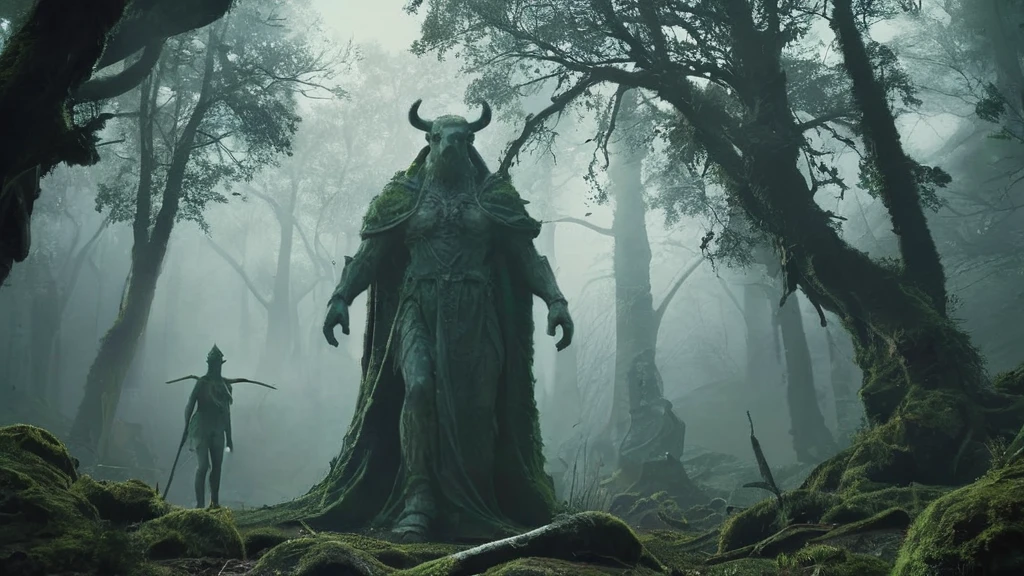 In the heart of a dark medieval forest, a weathered bull statue or sigil stands amid the ancient, towering trees. The statue, carved from dark, moss-covered stone, exudes a sense of timeless strength and mystery. Moonlight filters through the dense canopy above, casting eerie shadows that dance across the bull's form. The forest around it is thick with silence, the air heavy with the scent of damp earth and decaying leaves. Twisted roots and overgrown vegetation partially obscure the base of the statue, hinting at its age and the forgotten purpose it once served.
Standing before the statue is a man cloaked in a red hood, his face obscured by shadows. The crimson fabric contrasts sharply with the dark, foreboding environment, making him an enigmatic figure against the backdrop of the ancient woods. He stands still, as if contemplating the bull's significance or drawing some hidden power from its presence. The atmosphere is thick with tension and mystery, the air filled with the silent whispers of the forest and the unspoken secrets of the past