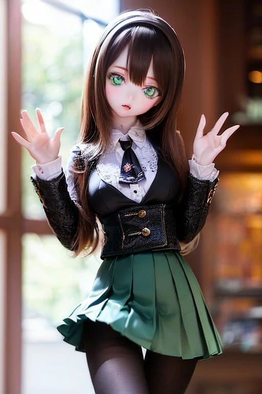 (SFW:2), photorealistic, realistic photo, 8k, ((highest quality)), ((masterpiece)), (extremely detailed), kukolnydom, doll, (mature woman, 21yo, 21 years old, solo:1.6), ((cowboy shot, head tilt, waving, slim, slender, skinny, medium breasts, hairband, ascot, vest, blouse, long puff sleeves, pleated skirt, black pantyhose)), (green eyes, brown hair, long hair, plastic skin, looking at another, glass eyes, gradient eyes, shining eyes, detailed eyes:1.3)
