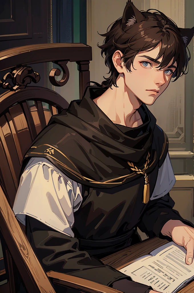 man, male, dark brown hair, grey eyes, dark brown cat ears, dark brown cat tail, fantasy, medieval wear,