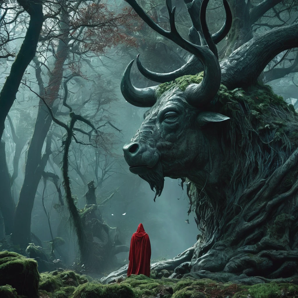 In the heart of a dark medieval forest, a weathered bull statue or sigil stands amid the ancient, towering trees. The statue, carved from dark, moss-covered stone, exudes a sense of timeless strength and mystery. Moonlight filters through the dense canopy above, casting eerie shadows that dance across the bull's form. The forest around it is thick with silence, the air heavy with the scent of damp earth and decaying leaves. Twisted roots and overgrown vegetation partially obscure the base of the statue, hinting at its age and the forgotten purpose it once served.
Standing before the statue is a man cloaked in a red hood, his face obscured by shadows. The crimson fabric contrasts sharply with the dark, foreboding environment, making him an enigmatic figure against the backdrop of the ancient woods. He stands still, as if contemplating the bull's significance or drawing some hidden power from its presence. The atmosphere is thick with tension and mystery, the air filled with the silent whispers of the forest and the unspoken secrets of the past
