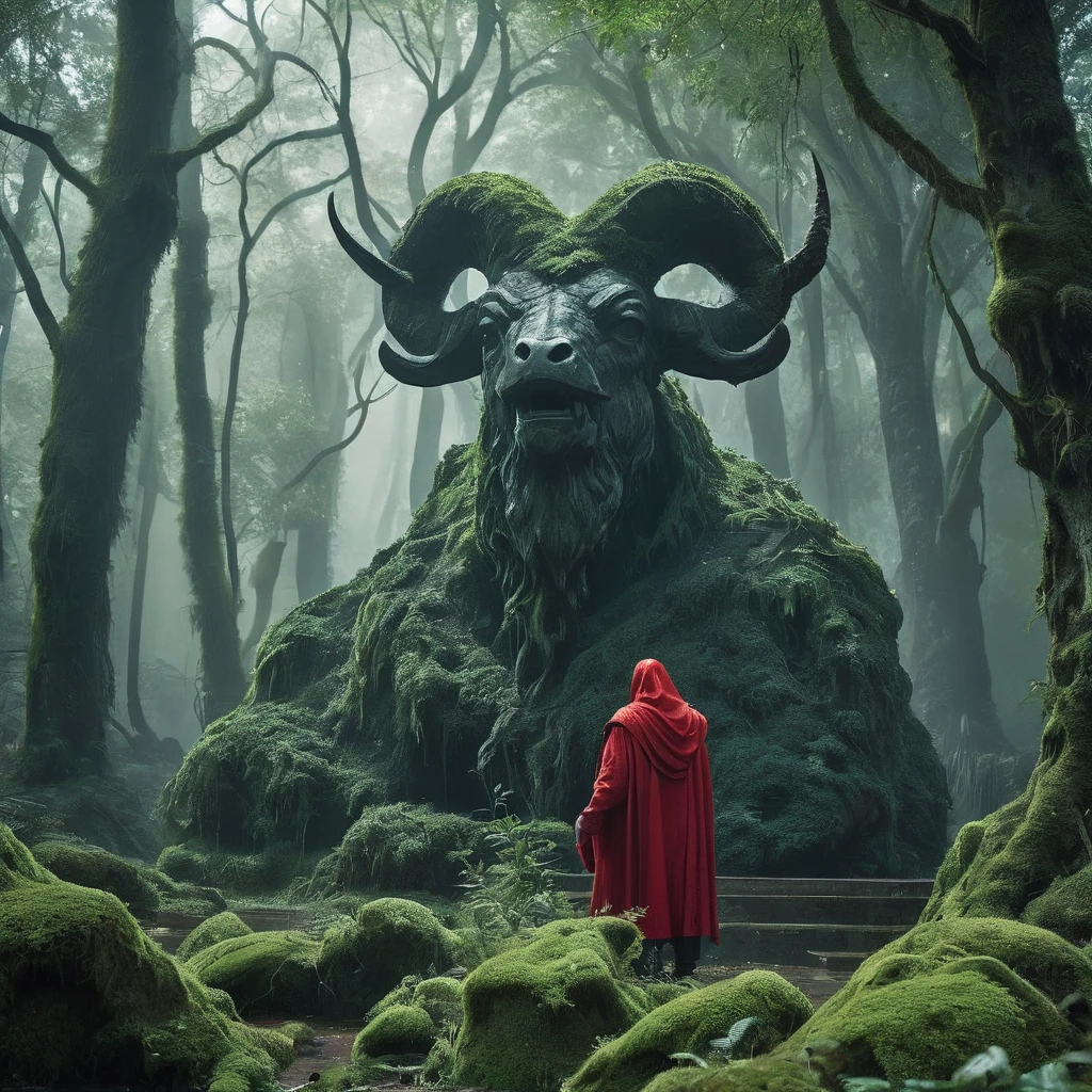 In the heart of a dark medieval forest, a weathered bull statue or sigil stands amid the ancient, towering trees. The statue, carved from dark, moss-covered stone, exudes a sense of timeless strength and mystery. Moonlight filters through the dense canopy above, casting eerie shadows that dance across the bull's form. The forest around it is thick with silence, the air heavy with the scent of damp earth and decaying leaves. Twisted roots and overgrown vegetation partially obscure the base of the statue, hinting at its age and the forgotten purpose it once served.

Standing before the statue is a man cloaked in a red hood, his face obscured by shadows. The crimson fabric contrasts sharply with the dark, foreboding environment, making him an enigmatic figure against the backdrop of the ancient woods. He stands still, as if contemplating the bull's significance or drawing some hidden power from its presence. The atmosphere is thick with tension and mystery, the air filled with the silent whispers of the forest and the unspoken secrets of the past