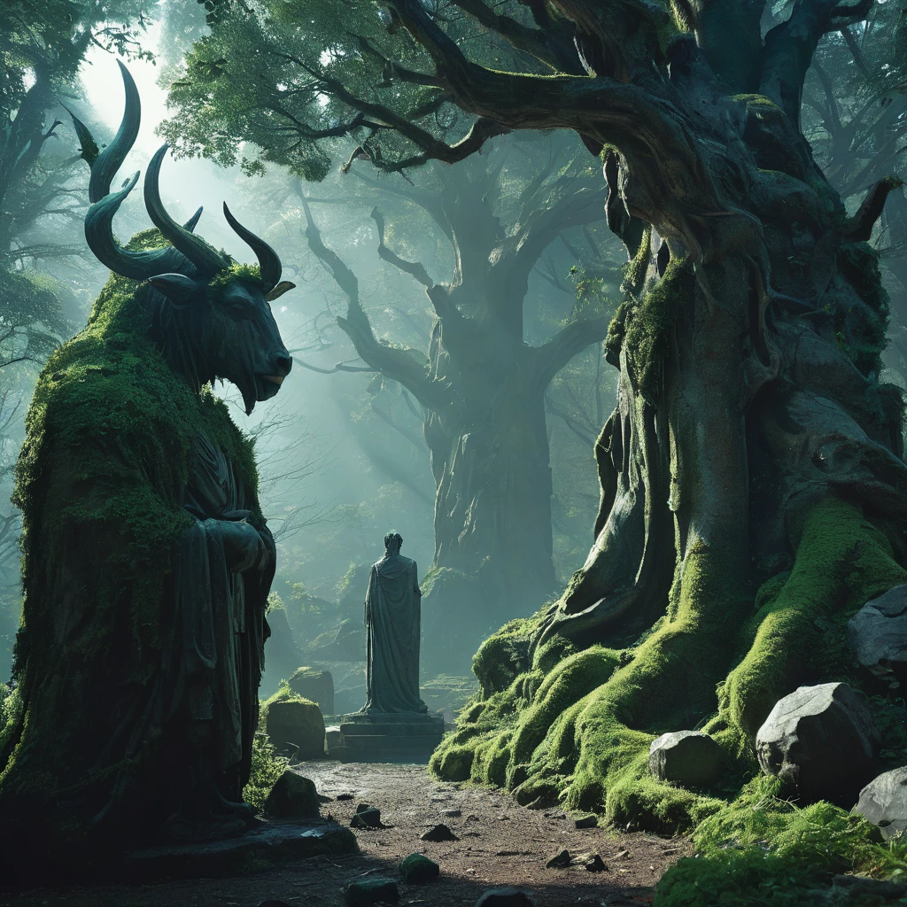 In the heart of a dark medieval forest, a weathered bull statue or sigil stands amid the ancient, towering trees. The statue, carved from dark, moss-covered stone, exudes a sense of timeless strength and mystery. Moonlight filters through the dense canopy above, casting eerie shadows that dance across the bull's form. The forest around it is thick with silence, the air heavy with the scent of damp earth and decaying leaves. Twisted roots and overgrown vegetation partially obscure the base of the statue, hinting at its age and the forgotten purpose it once served.
Standing before the statue is a man cloaked in a red hood, his face obscured by shadows. The crimson fabric contrasts sharply with the dark, foreboding environment, making him an enigmatic figure against the backdrop of the ancient woods. He stands still, as if contemplating the bull's significance or drawing some hidden power from its presence. The atmosphere is thick with tension and mystery, the air filled with the silent whispers of the forest and the unspoken secrets of the past