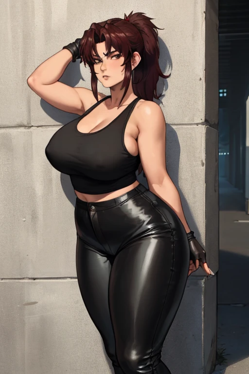 (masterpiece, highest quality:1.2), solo, 1girl, revy, 45-year-old, mature woman, covered in tattoo's, MILF, plus size milf, plump, chubby figure, expressionless, looking at viewer, ponytail, (Wearing: red tank top, fingerless gloves, black leather pants), holding a cigarette, city street, standing, leaning up against a wall

