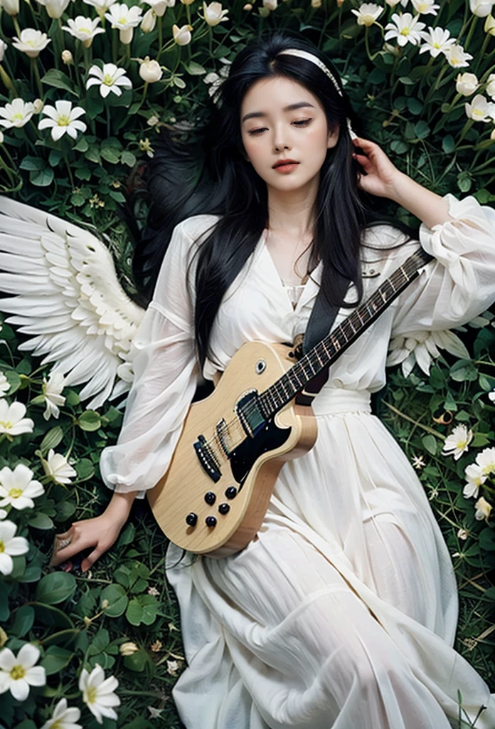 One wearing headphones,Guitar in hand,Beautiful Girl,With eyes closed,Behind is the angel wings,Exquisite illustration style,Colorful effects,Comfortable color combination,
,