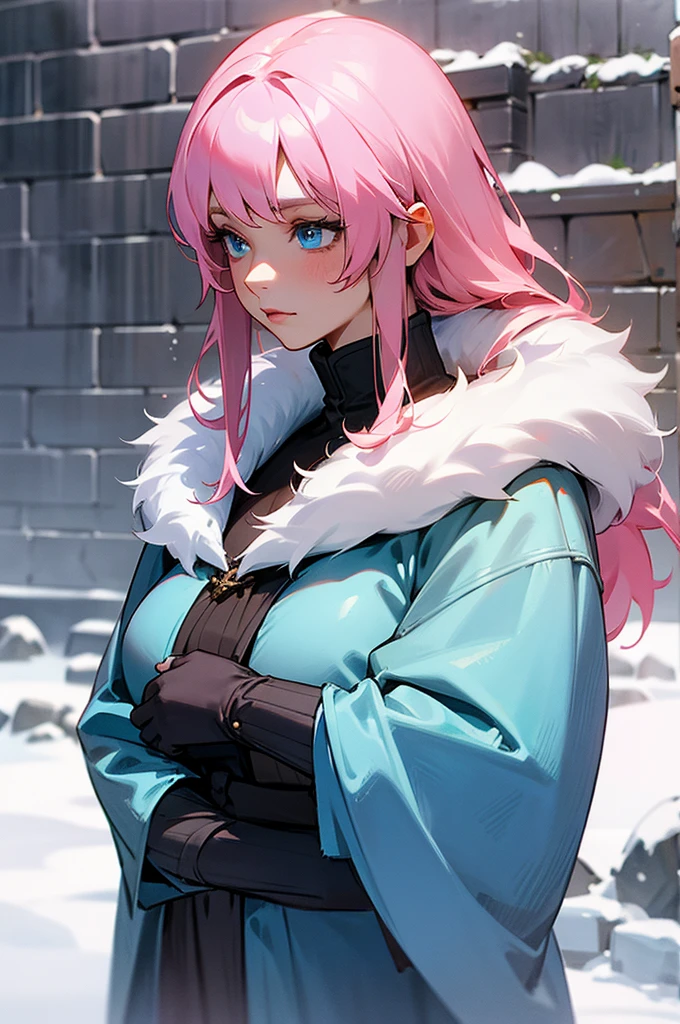 Close up, fantasy world, stone courtyard, snow, stone brick wall, adult woman, tired expression, arrogant personality, long frizzly pink hair, blue eyes, blue clothes, fur coat, standing
