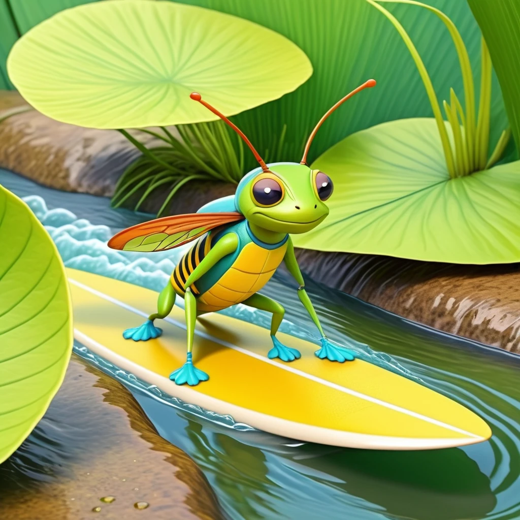 A small anthropomorphic insect stands, Dressed animals page， surfing on a narrow leaf in a stream, in a cartoonish style, with a adventurous look.