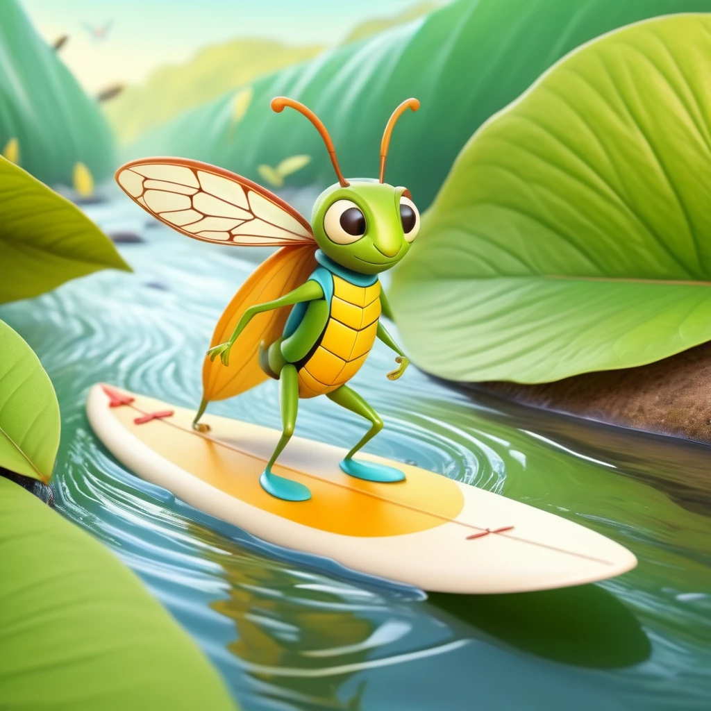 A small anthropomorphic insect stands, Dressed animals page， surfing on a narrow leaf in a stream, in a cartoonish style, with a adventurous look.