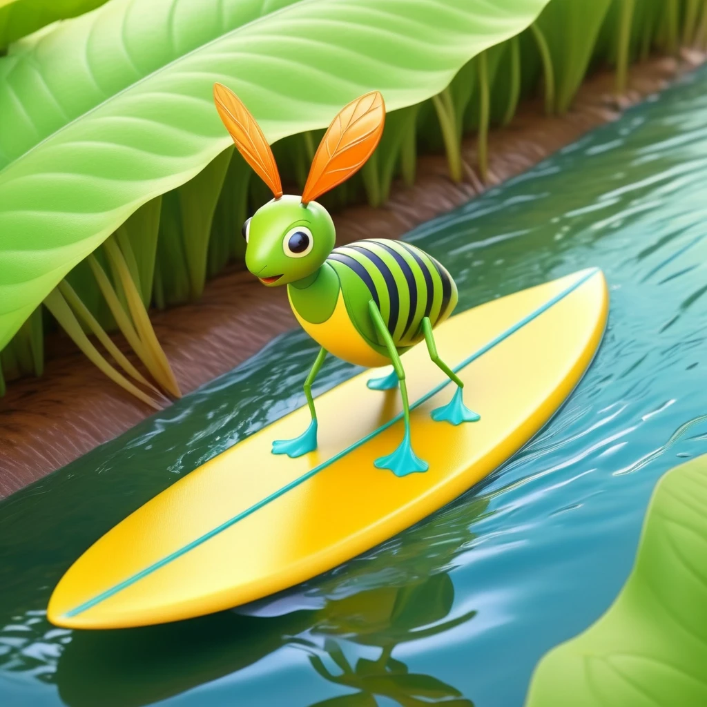 A small anthropomorphic insect stands, Dressed animals page， surfing on a narrow leaf in a stream, in a cartoonish style, with a adventurous look.