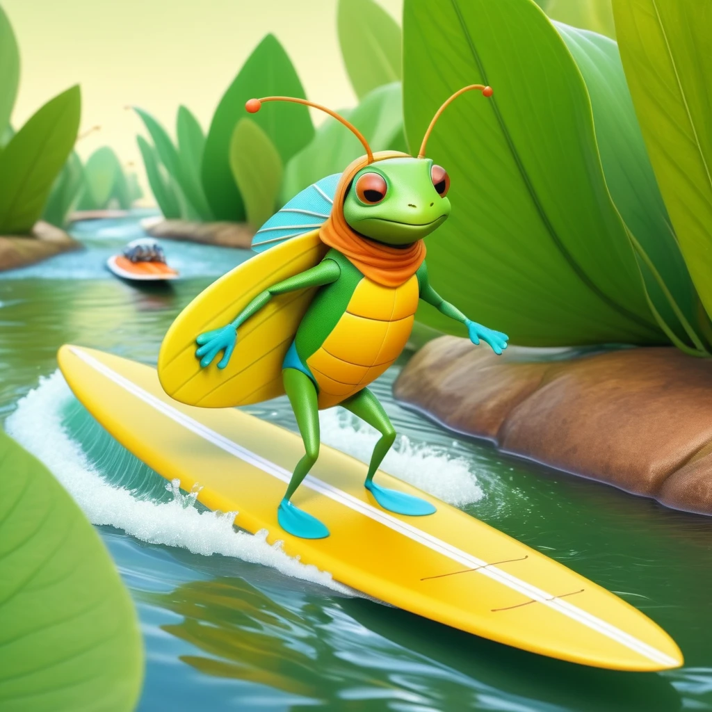 A small anthropomorphic insect stands, Dressed animals page， surfing on a narrow leaf in a stream, in a cartoonish style, with a adventurous look.