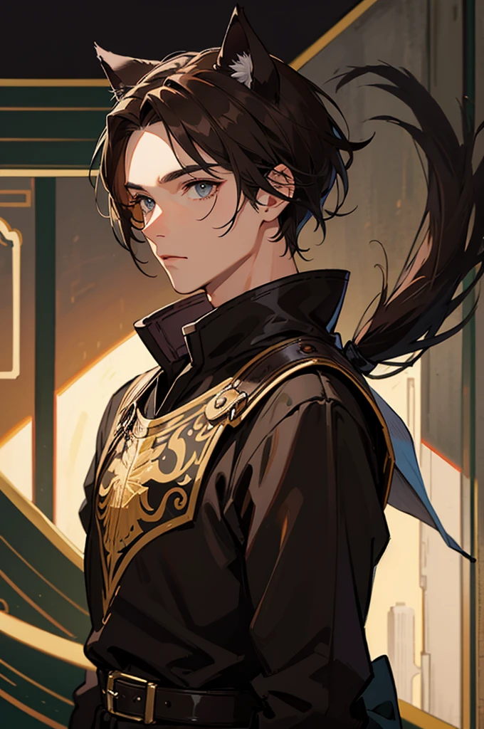 man, male, dark brown hair, grey eyes, dark brown cat ears, dark brown cat tail, no human ears, fantasy, medieval wear,