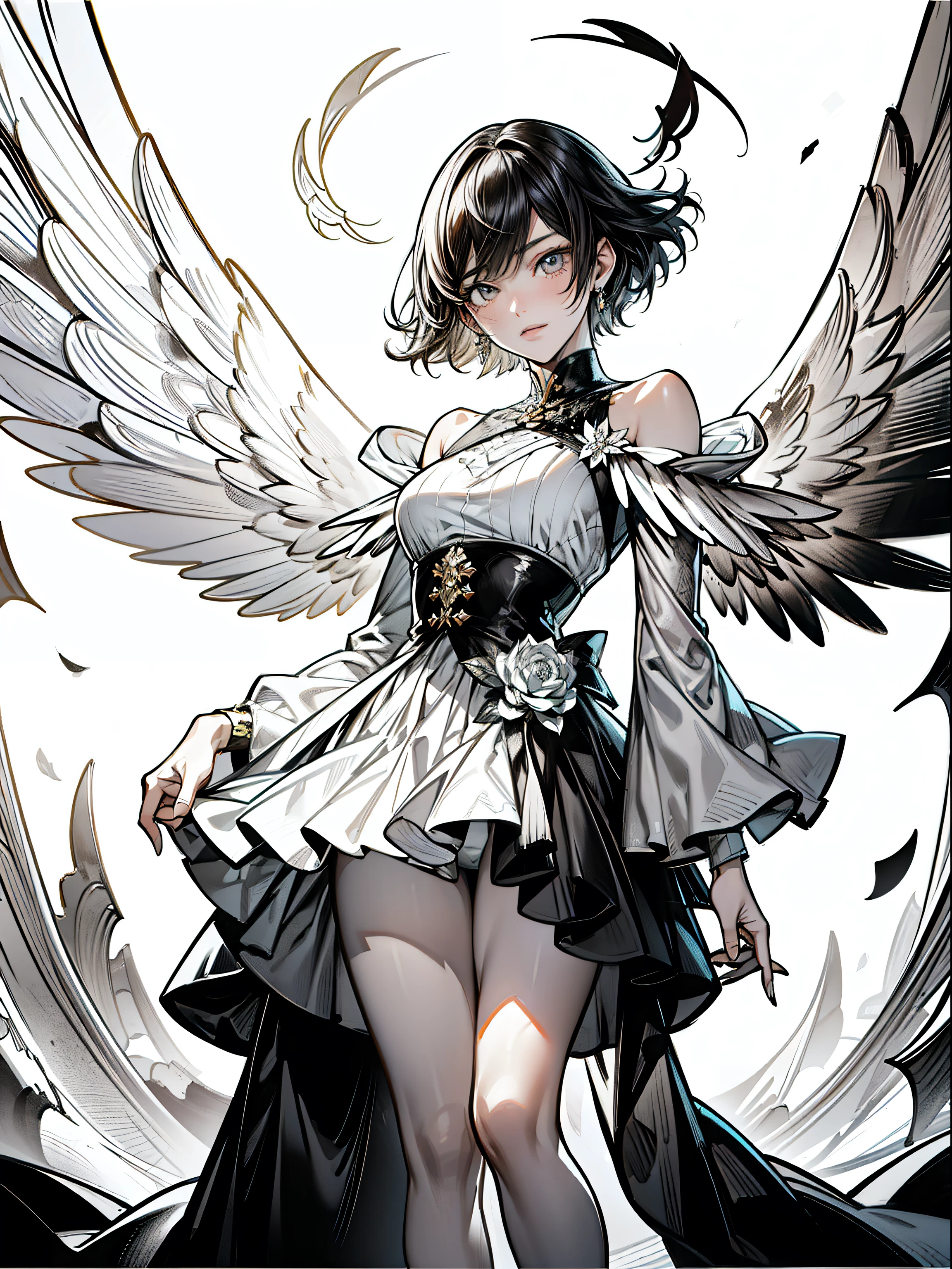 Golden short hair female angel, Black and white wings, Black and white dress, Shinkai Makoto, Shinkai MakotoMido, Beautiful sky, ((Detailed full body portrait)), Clean and delicate face, ((best quality)), (Very detailed), Kono Aya color style, {{masterpiece}}, {{{best quality}}},{{Extremely detailed}}, {{illustration}},{{masterpiece}},{{{best quality}}},{{Extremely detailed}}, PhotoRealityism,Realityism,Reality,High Detail,Ultra-high quality,high resolution,Popular on artstation,HD,16K,Unreal Engine,Rendering on Octane,Corona Rendering, Tilt Shift,Bottom View, Figurative Art, A detailed description, Reality地, A work of art, contour