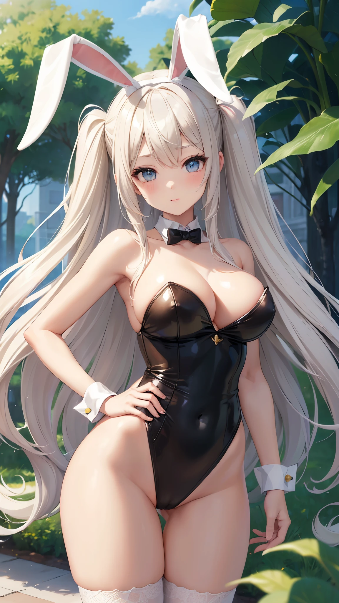 ((Best Quality)), (ultra-detailliert), ((Extremely detailed)), (Beautiful), ((Kawaii Girl)),(two side up hair)、((masutepiece)),Platinum Blonde Hair,Long hair, hair between eye, Wavy Hair, Long sideburns,Jade-colored eyes, White skin,Colossal tits、Rabbit ears,Slender body,playboy bunny,Standing,One Woman,Anime