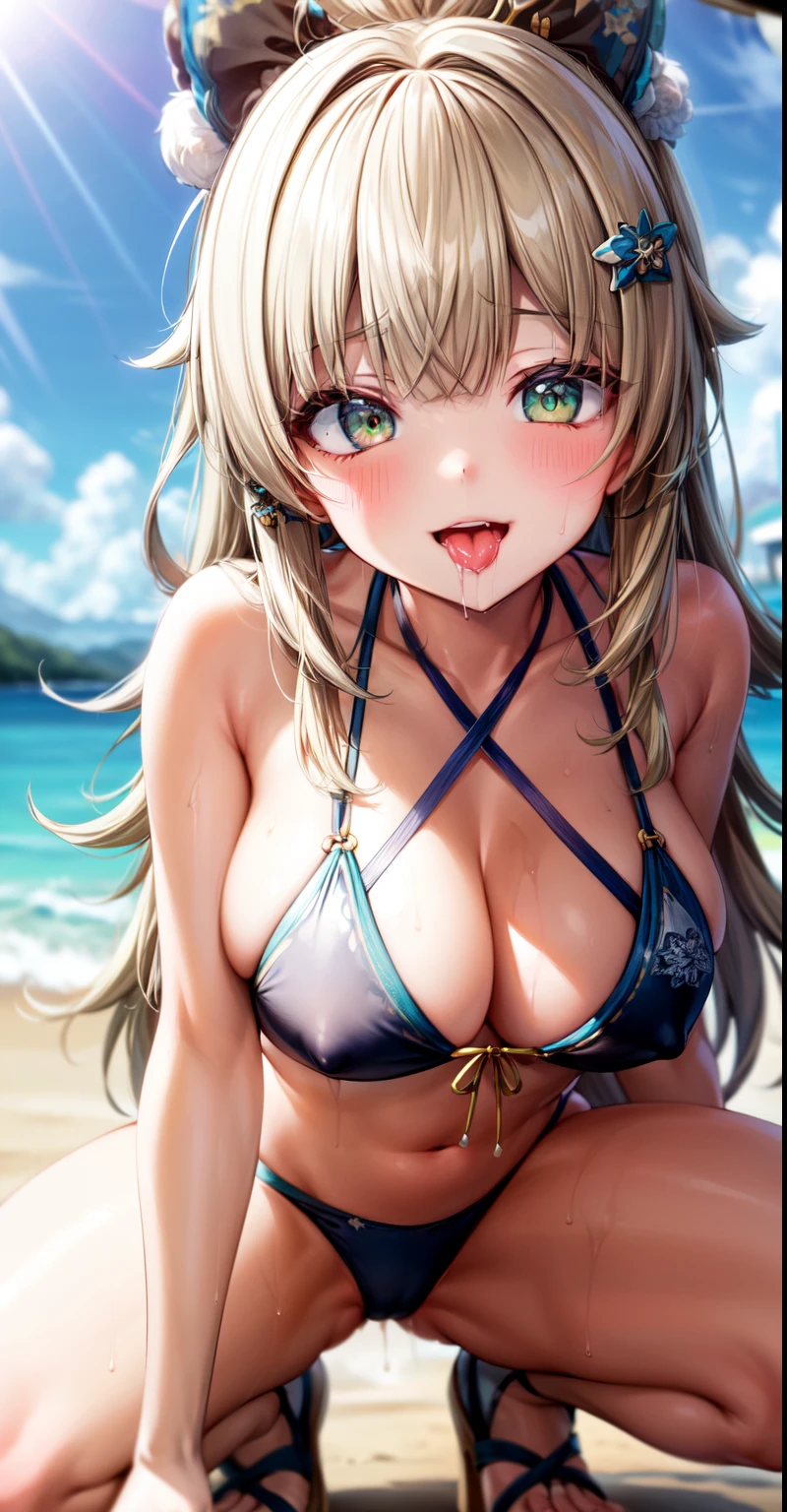 anime, Beautiful Face, Highly detailed face, (Highly detailed green eyes:1.2) , Highly detailed beach background, Best lighting, No Shadow, One girl, alone, Outdoor, Genshin Impact, Kirara, bangs, Beautiful long blonde hair, hair ornaments, Cat ear, Absurd, High resolution, Super sharp, 8k, masterpiece, View your viewers, blush, (Teasing Smile:1.2), break (Detailed sexy beach bikini:1.4), (Sexy pose:1.2)、Nipples are visible、With legs apart、Emphasis on the mouth、Sticking out tongue、Open your mouth wide、Crouching、Close up of face、Drooling、Highlight the face、