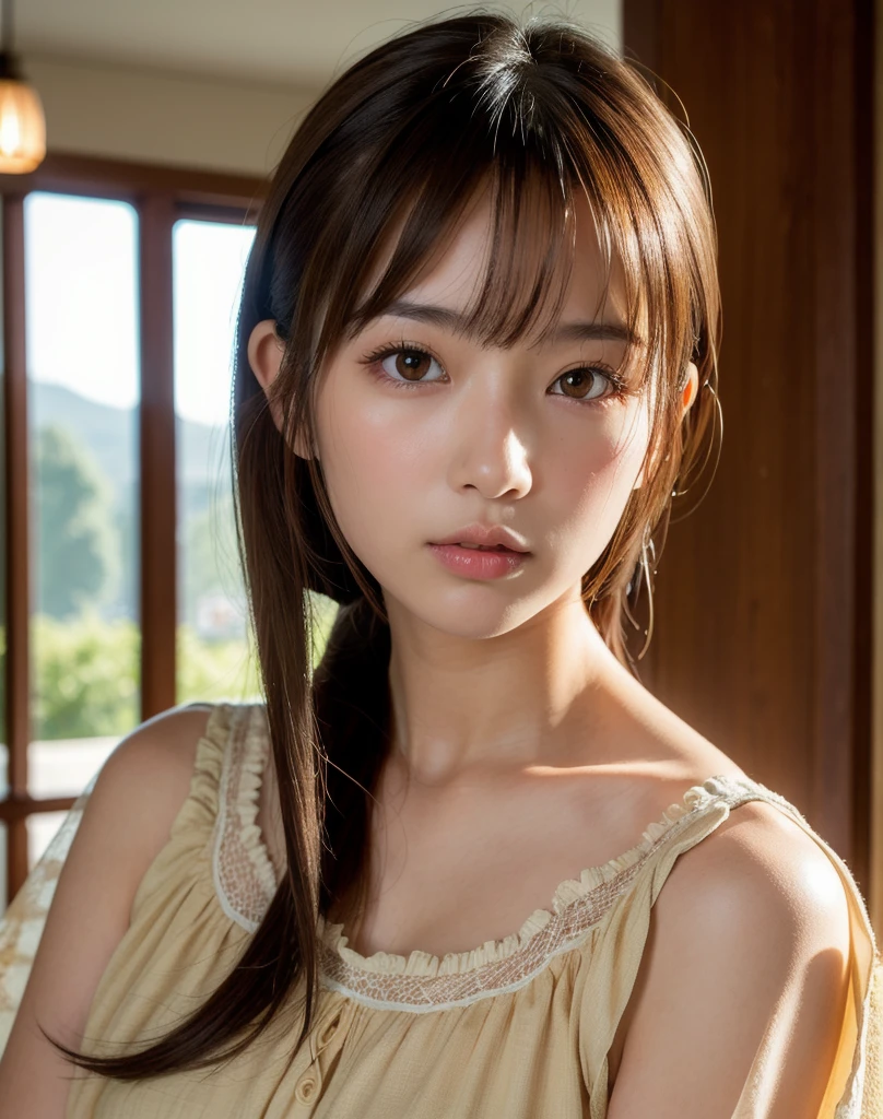 best quality, face focus, soft light, ultra high res, (photorealistic:1.4), RAW photo,
1japanese girl, solo, cute, (pupil, lights in the eyes),  detailed beautiful face, (small chest),(high resolution detail of human skin texture),
(long hair),
indoor,
Damask Shirt Dress,
(portrait)