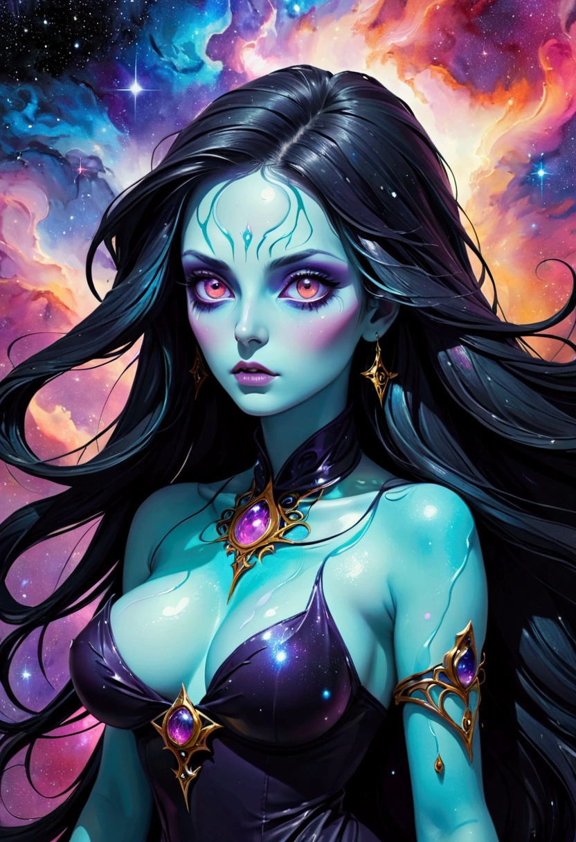 ((Inspired by André Masson))，Creepy witch，Mixed media abstract artwork，With striking eyes and long hair，Very detailed eyes，Medium breasts，（art），（在画布 1 上涂抹nebula色彩.2），[Gentle，Wet，Shiny dripping paint]，ink，Pencil shadow，Awards，（Perfect composition），（nebula：0.5），（galaxy：0.5）