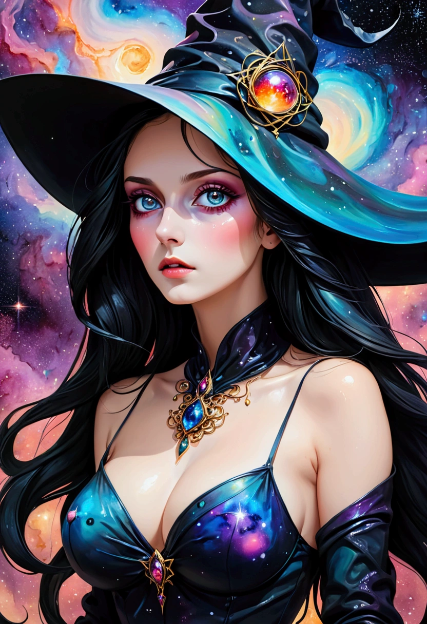 ((Inspired by André Masson))，Creepy witch，Mixed media abstract artwork，With striking eyes and long hair，Very detailed eyes，Medium breasts，（art），（在画布 1 上涂抹nebula色彩.2），[Gentle，Wet，Shiny dripping paint]，ink，Pencil shadow，Awards，（Perfect composition），（nebula：0.5），（galaxy：0.5）