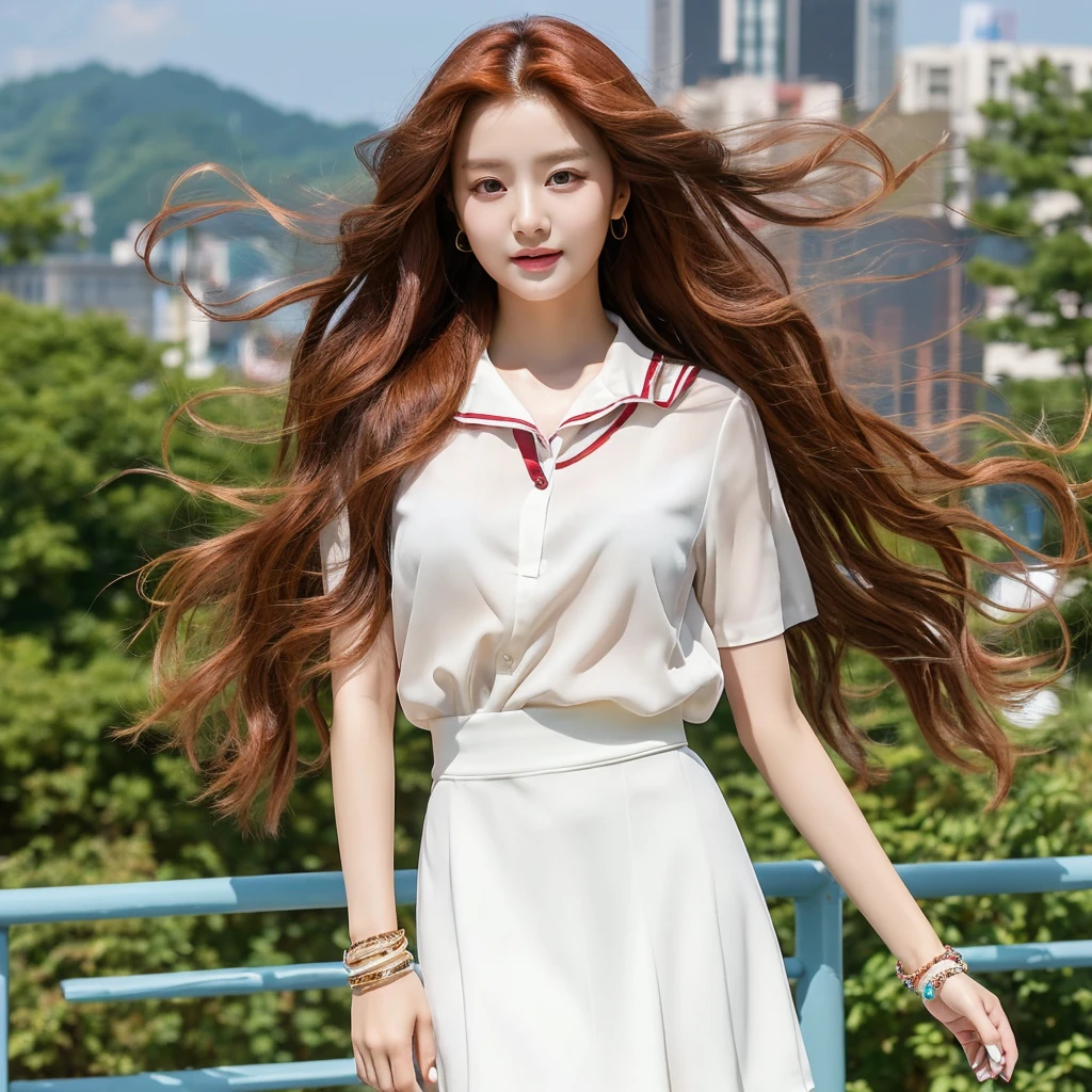 A Korean woman with long red hair, and wavy, with light brown eyes, in a short black blouse and a white skirt, some accessories like bracelets, collars, Socks etc ((best possible quality)) ((very nice clothes)) ((beautiful scenery))