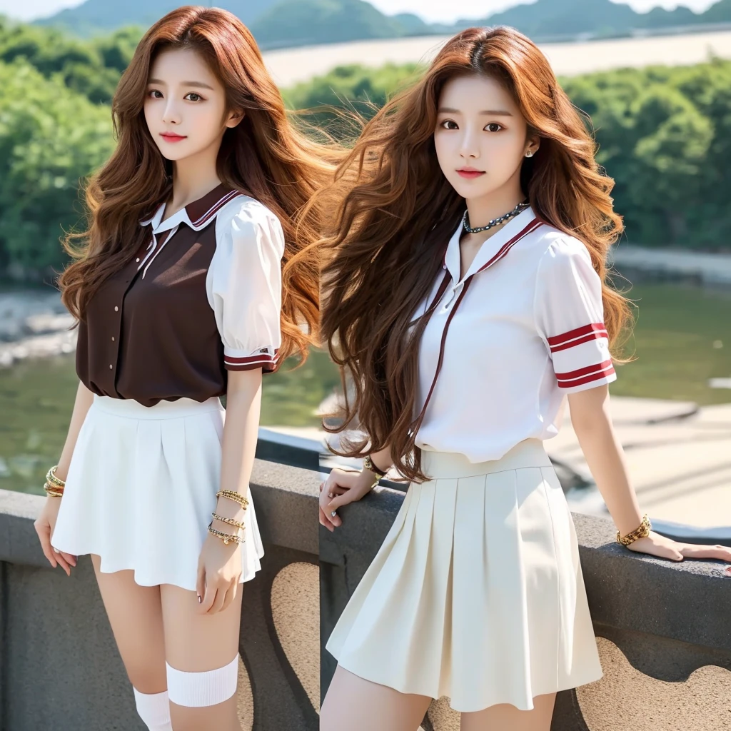 A Korean woman with long red hair, and wavy, with light brown eyes, in a short black blouse and a white skirt, some accessories like bracelets, collars, Socks etc ((best possible quality)) ((very nice clothes)) ((beautiful scenery))