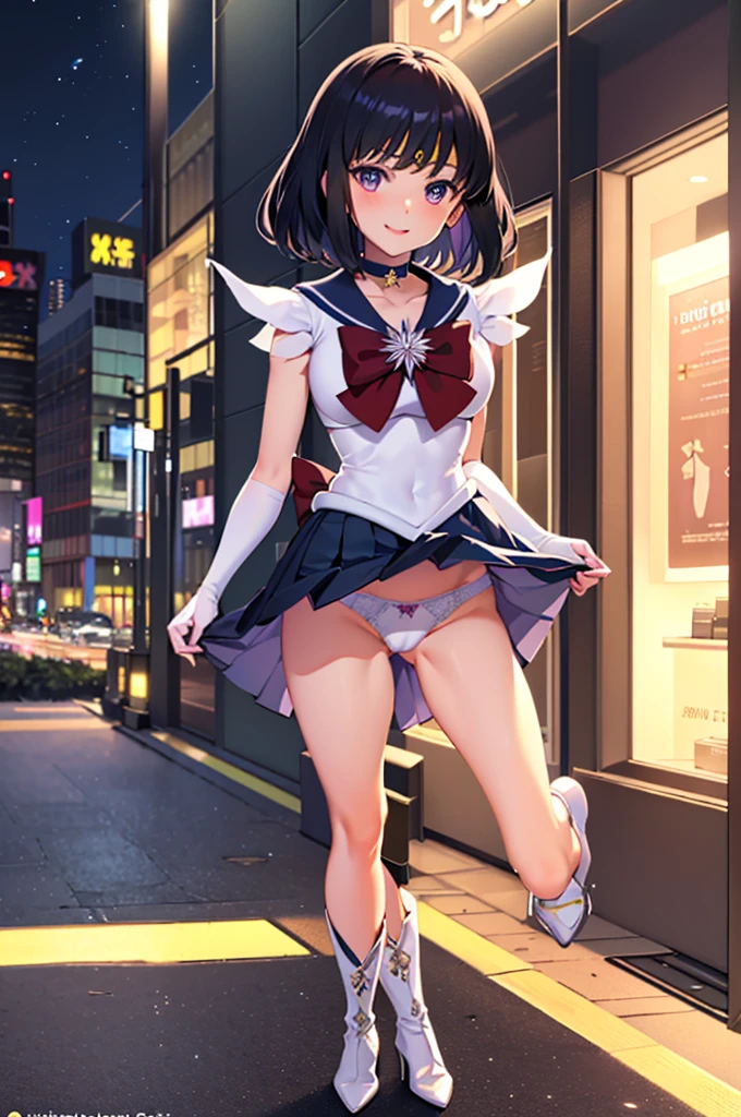 (masterpiece, Highest quality: 1.2), alone, 1 girl,, Sailor Saturn: 1.5, Magical girl, Hotaru Tsuchimo: 1.5, smile, View your viewers, Close your mouth, tiara, Sailor Warrior Uniform, collar, Pleated skirt, Elbow hand pockets: 1.3, jewelry, brooch, choker, front, smile, (Knee-high boots, High heels),Glitter Skin,(Skirt Lift:1.5), Big sticking out: 1.5, lift: 1.5, Very short skirt: 1.5, Showing panties: 1.5, (The city of Shibuya at night: 1.5), (The city of Shibuya at night: 1.5), Please put your hands on your hips: 1.0, (Huge breasts, big , Narrow waist), cute: 1.5, Big Kick: 1.4, (sexy pink lace string panties),Small face,(Dirty body),Grabbing the skirt with your hands,Long legs,, BDSM,Shine,,Camel Toe,Browsing Caution,(Spread your legs:1.3),