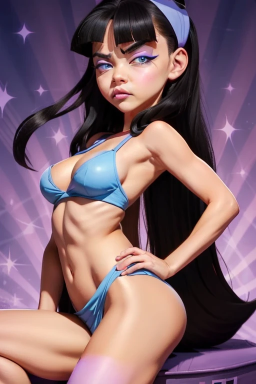 Trixie Tang, oddparents magicians, bincha blanca ,cabellera negra larga, rasgos asiaticos, ojos azules piel blanca delineador de ojos, cara asimétrica full-body display portrait legs spread, cute face,