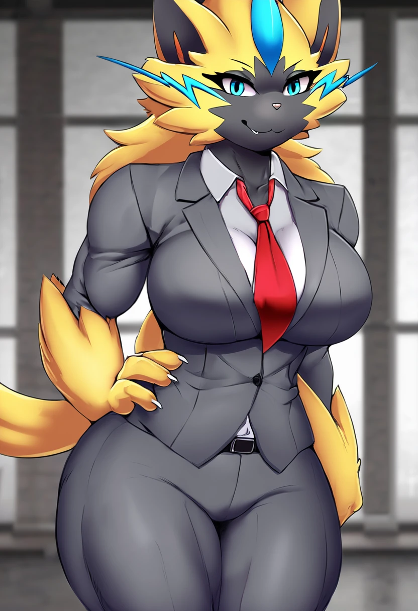 female, zeraora, furry, fluffy, cat nose, fluffy body, sexy, muscular, business suit, grey suit, red tie, busty, big ass, muscular