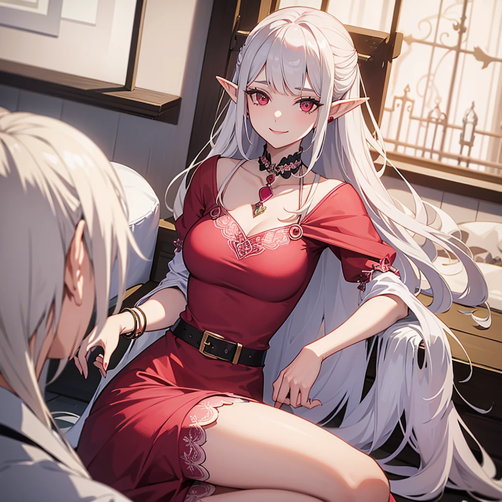 A  woman with long silver hair and straight bangs,elf ear,red eye,wearing a pink long fancy dress,aesthetic art, she's smiling to camera